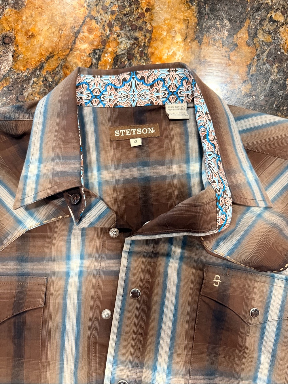 Stetson Brown Plaid Button-Down Shirt with Blue Stripes - Picture 2 of 3